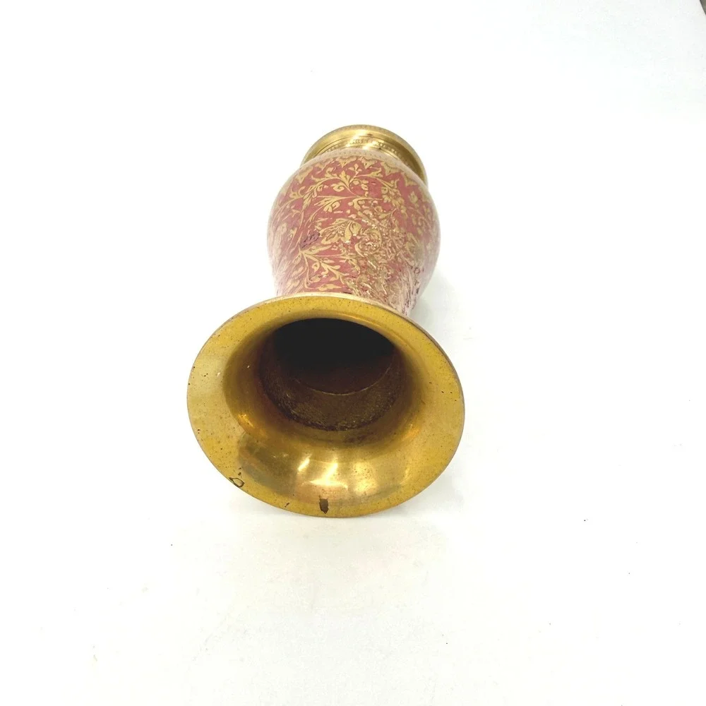 Vintage Light‎ Red Enamel Etched Brass Floral Vase Bohemian Indian Decor Gold